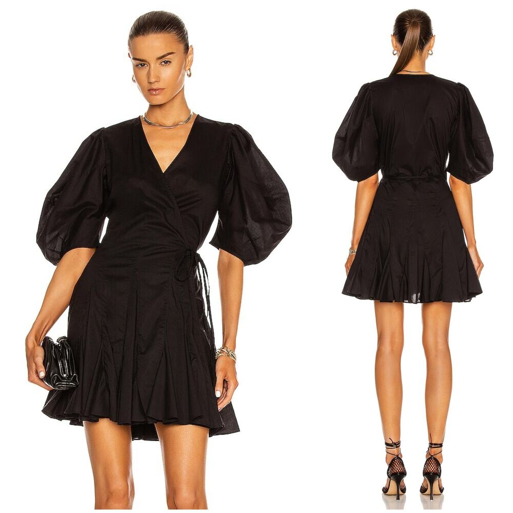 RHODE $375 Claudine Wrap Dress Puff Sleeves mini in Black XS
